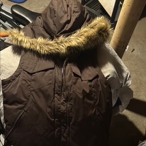 Columbia Brown Down Vest with Faux Fur Trim